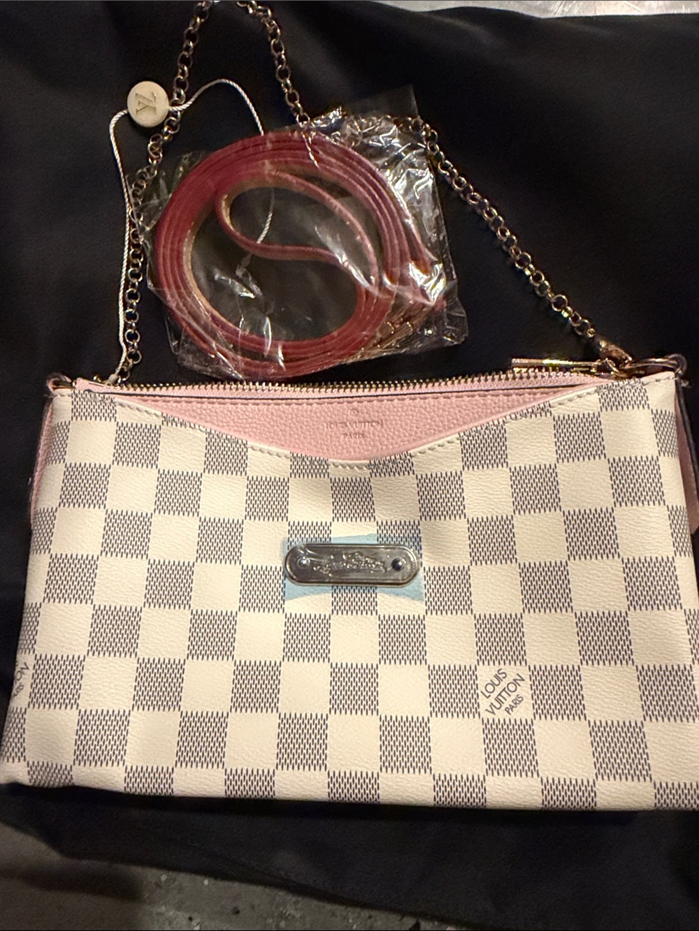 Damier Check Crossbody Bag with Pink Trim and Chain Strap